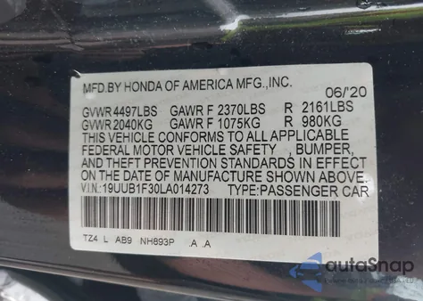 2020 Acura Tlx Standard from USA, damaged, VIN 19UUB1F30LA014273